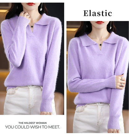 Pulls polo tricotés à manches longues en pur vison et cachemire pour femmes