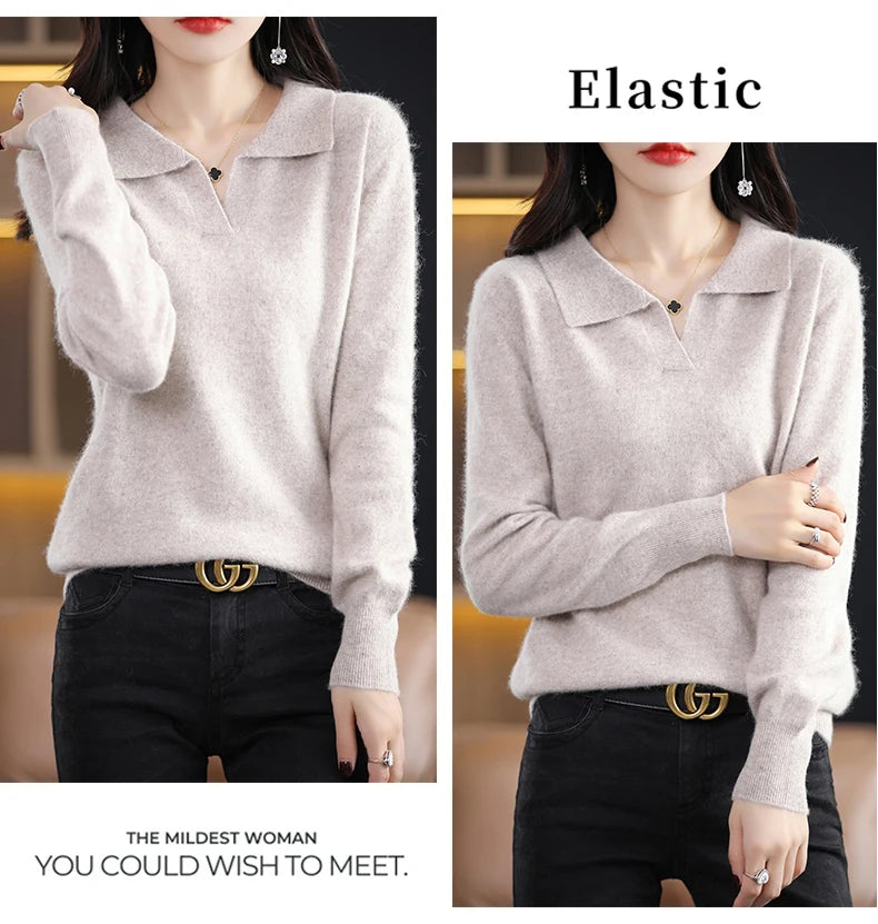 Pulls polo tricotés à manches longues en pur vison et cachemire pour femmes