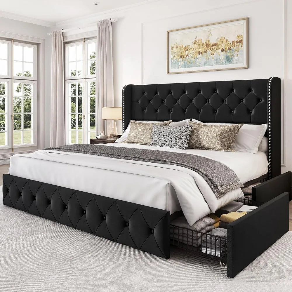 Queen Bed Frame with 4 Storage Drawers and Adjustable Headboard Upholstered Platform Bed