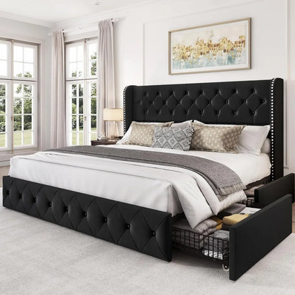 Queen Bed Frame with 4 Storage Drawers and Adjustable Headboard Upholstered Platform Bed