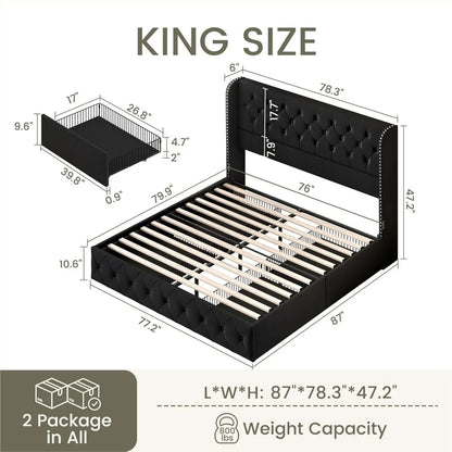 Queen Bed Frame with 4 Storage Drawers and Adjustable Headboard Upholstered Platform Bed