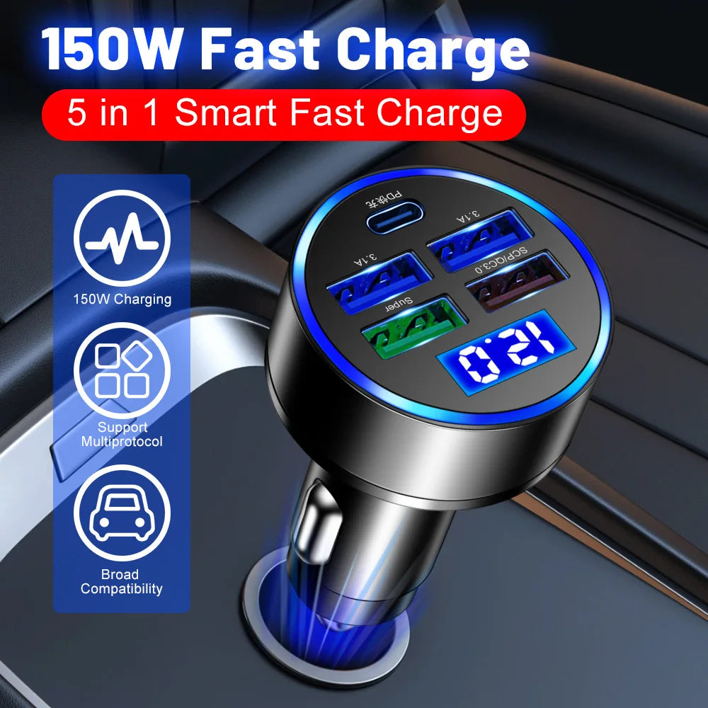 Chargeur de voiture 150 W à 5 ports – Charge rapide PD QC3.0
