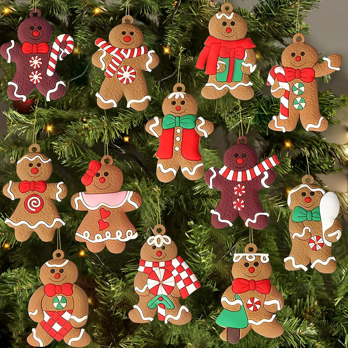 12 Assorted Plastic Gingerbread Man Ornaments for Tree Decor