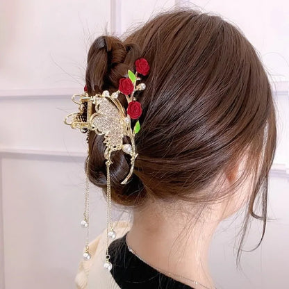 Pearl Orchid Tassel Hair Claw - Hanfu Headdress