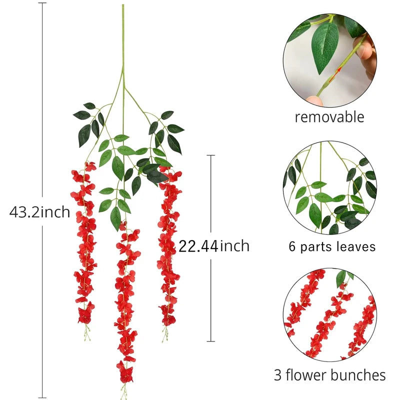 Guirlande suspendue de glycine artificielle rouge 12 pièces