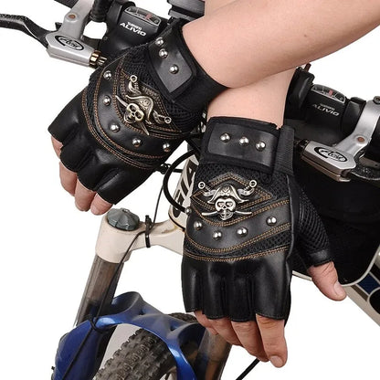 Skull Rivet Fingerless Gloves - PU Leather Moto Style