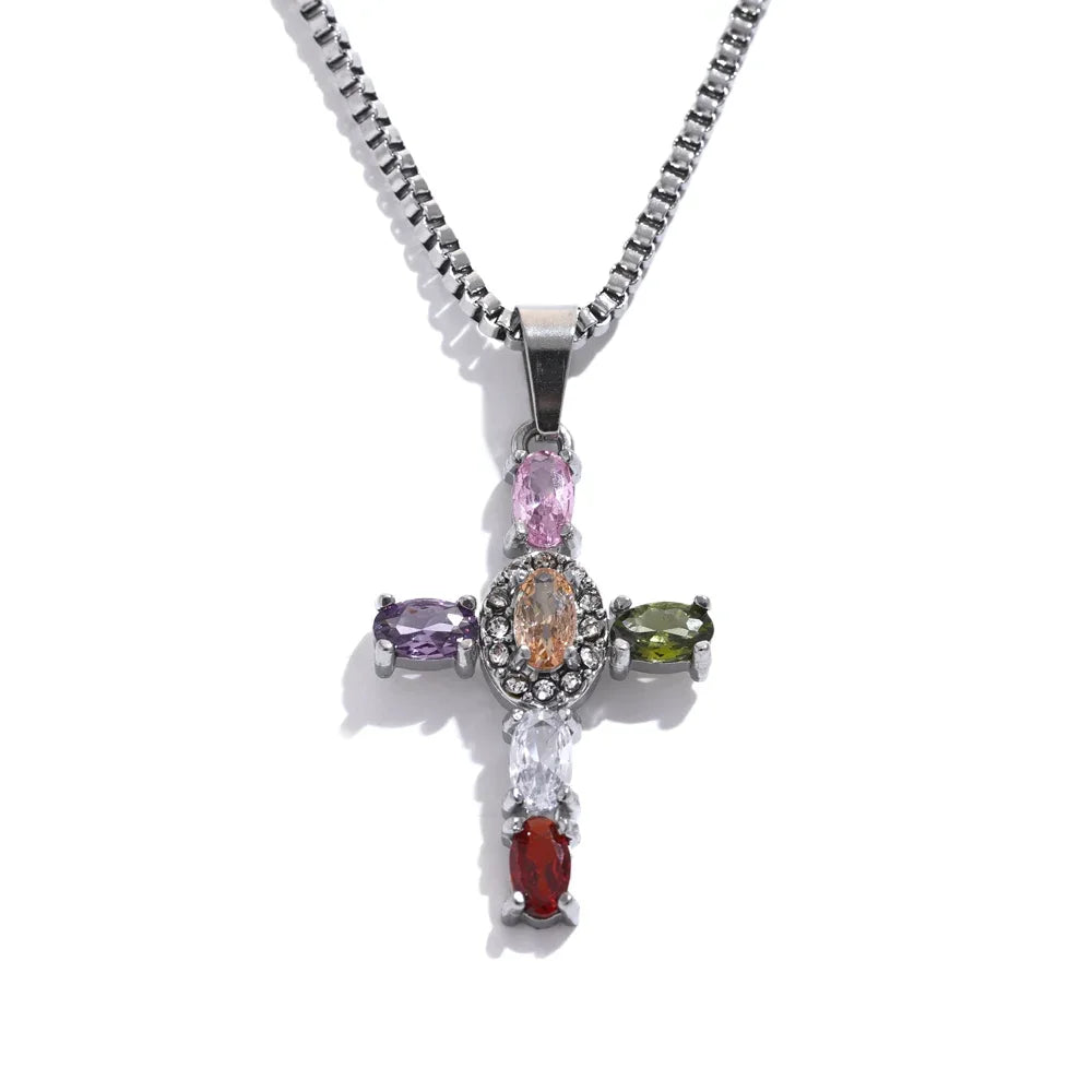 Colorful Cubic Zirconia Cross Pendant Necklace