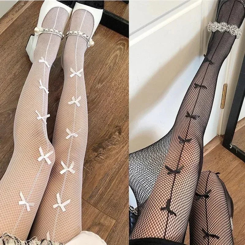 Hollow-Out Fishnet Pantyhose - Bow-Knot