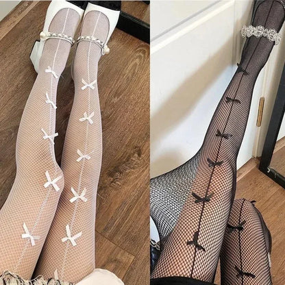 Hollow-Out Fishnet Pantyhose - Bow-Knot