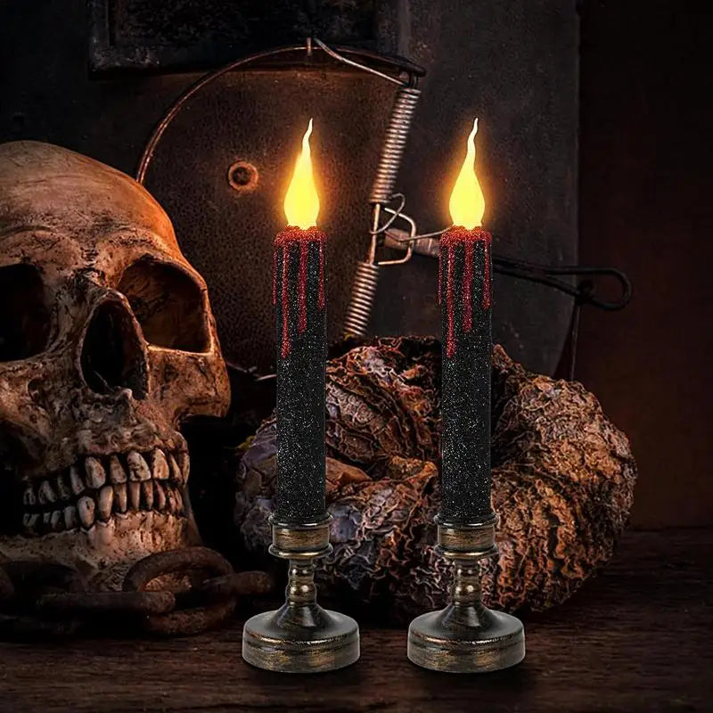 Lot de 2 bougies coniques sans flamme à LED pour Halloween – « Larmes de vampire » noires avec bases