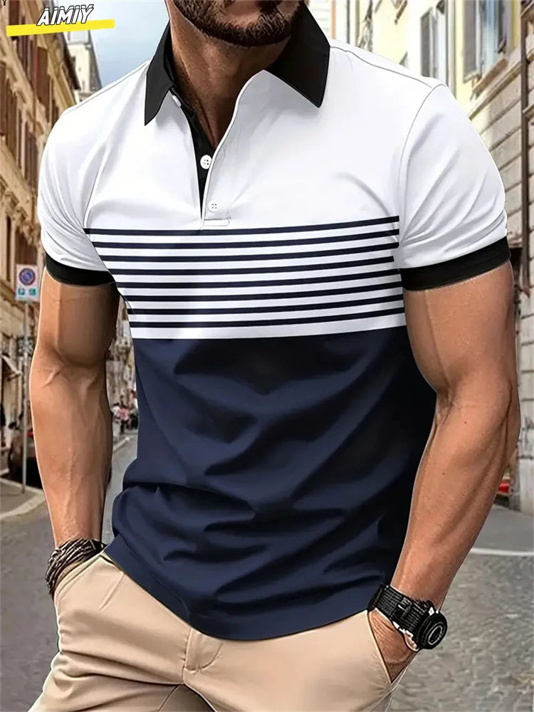 Herren Golf Stripe Poloshirt Lässiges Kurzarm-Poloshirt Einfarbiges Revers Mode Neues Business-Sport-T-Shirt Atmungsaktives Oberteil