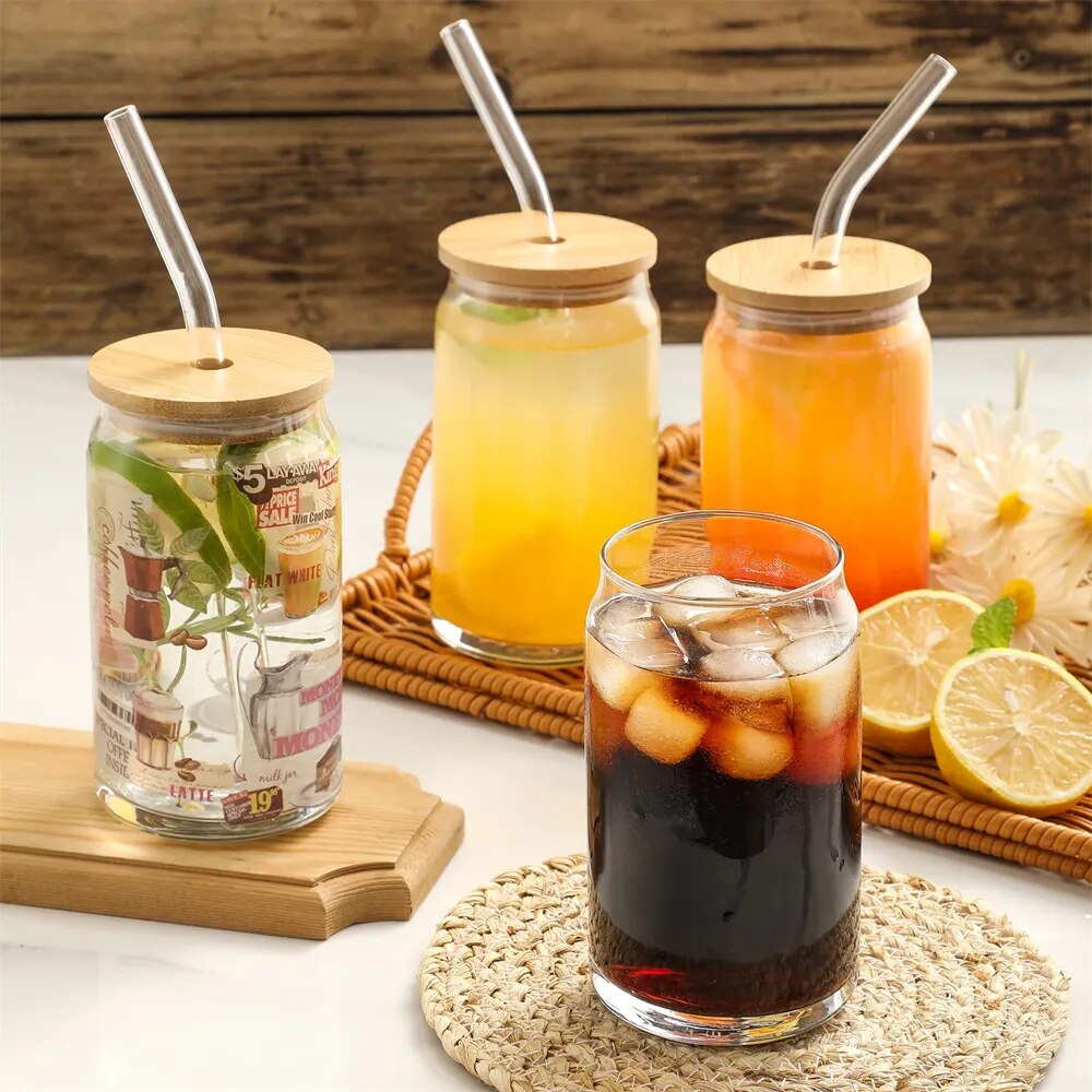 350ml/550ml Glass Cup With Lid and Straw