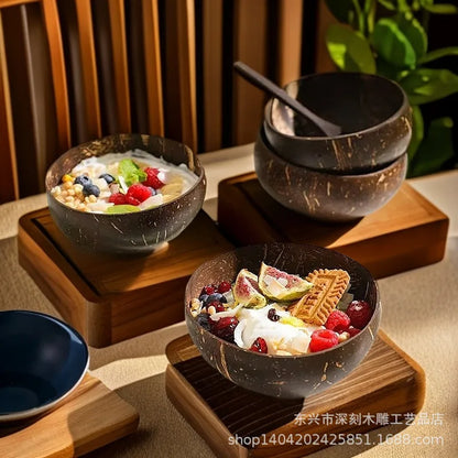 Dessert Fruit Salad Mixing Natural Coconut Bowls Kitchen Wooden Set
