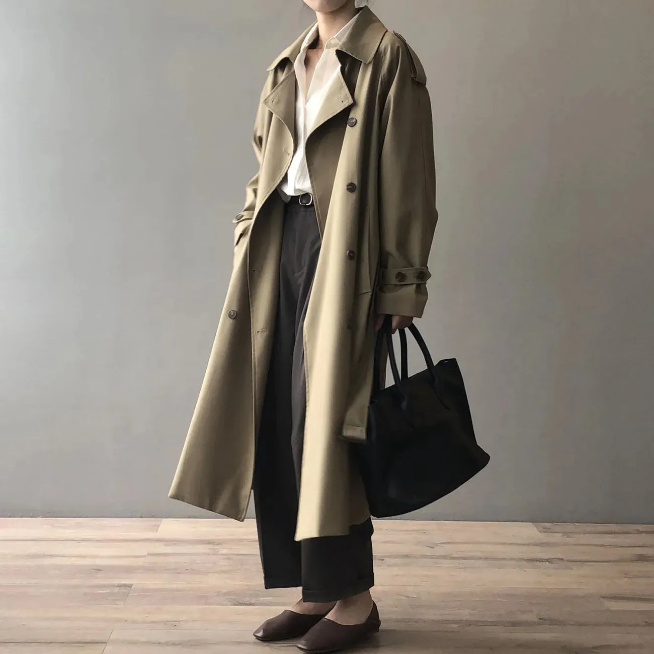 Classic Khaki Long Trench Coats Women Oversize