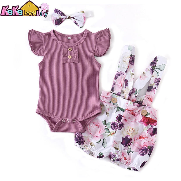 Summer 3Pcs Baby Girl Outfit Set - Rompers Overalls & Headband