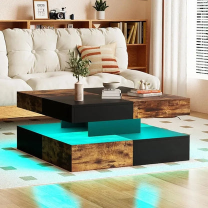 Coffee Table with Detachable Tray and Plug-in 16-color LED