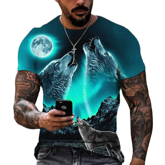 T-shirt streetwear surdimensionné à imprimé loup 3D pour hommes