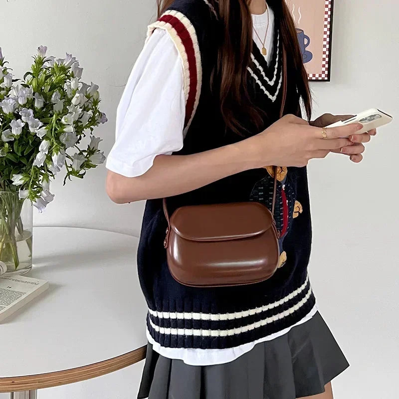 Mini PU Leather Crossbody Bag - Women's Solid Shoulder Handbag