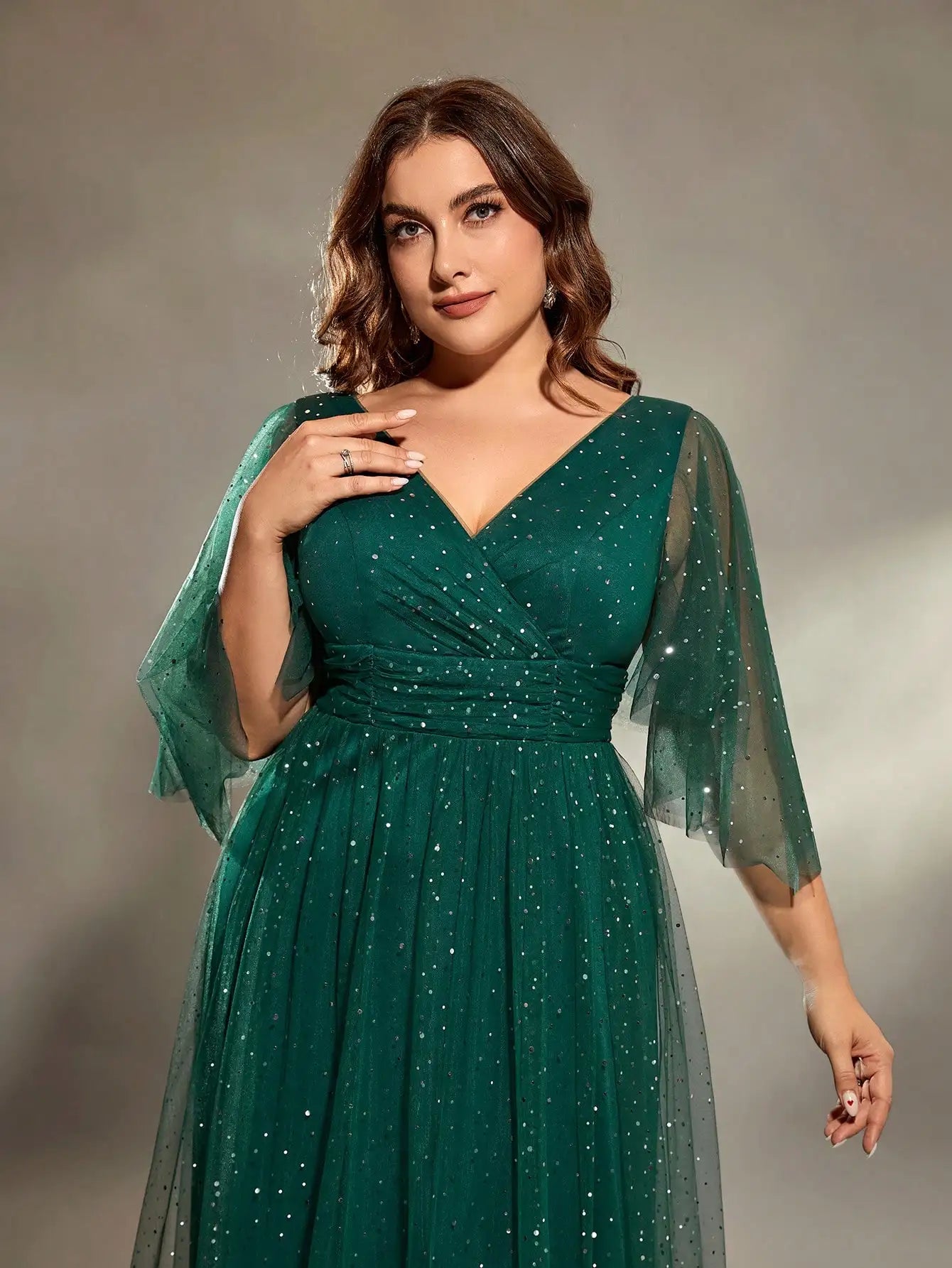 Plus Size V-Neck Pleated Evening Gown - Irregular Full-Sleeve Skirt