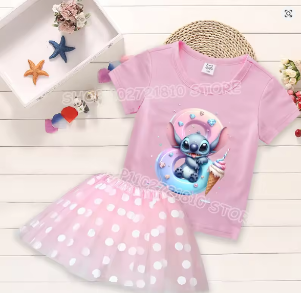 Kid's 2 Pcs Cartoon Number Print Round Neck T-shirt Dress