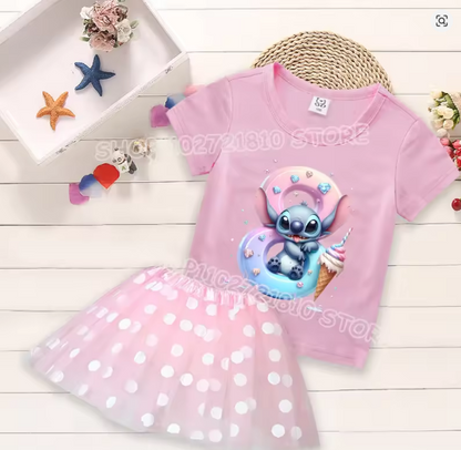 Kid's 2 Pcs Cartoon Number Print Round Neck T-shirt Dress