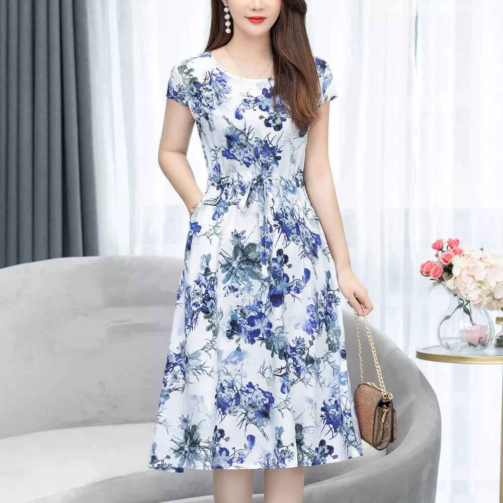 Printed O-neck Plus Size Summer Dress