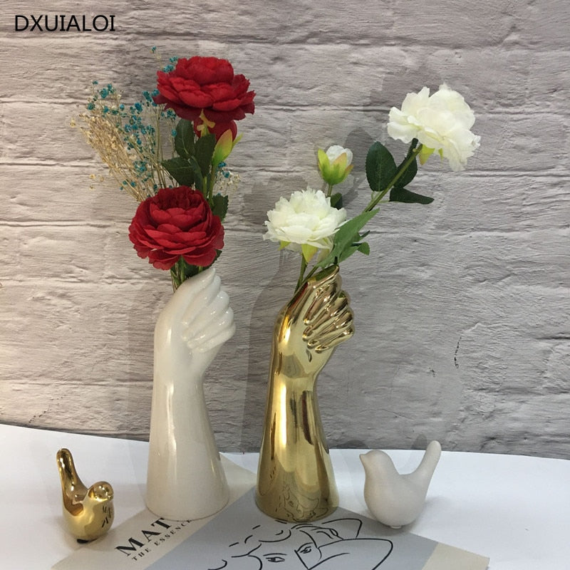 Vase à main doré nordique - Décor floral moderne