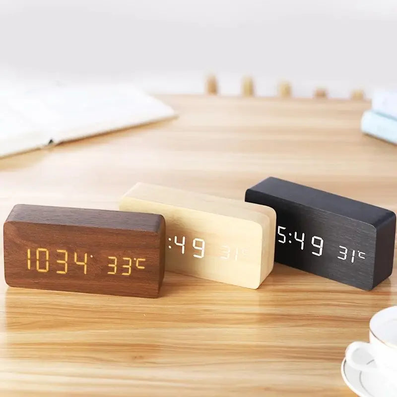 Voice Control Wooden LED Alarm Clock - USB/AAA Powered