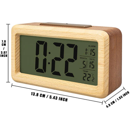 Wooden Alarm Clock with Calendar & Temperature Display