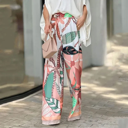 Summer V-Neck Batwing Top & Printed Wide-Leg Pants Set