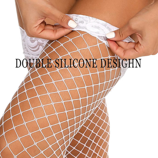 Bas résille en dentelle double silicone antidérapants