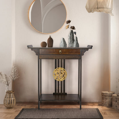 Vintage Rustic Console Table with Drawer and Shelf