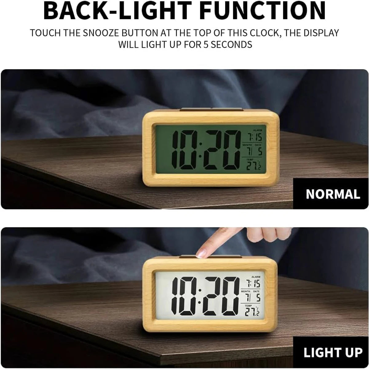 Wooden Alarm Clock with Calendar & Temperature Display