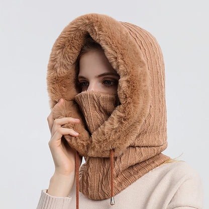 Women's Winter Fur Cap & Mask Set - Knitted Cashmere Balaclava