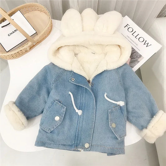 Kinder Denim Jacken Warme Pelz Cowboy Mantel Baby Kaninchen Ohr Mit Kapuze Kleidung