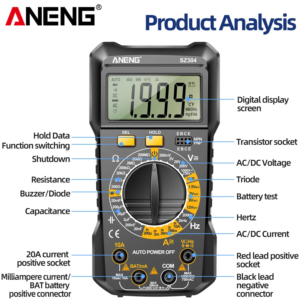 ANENG SZ304 True RMS Multimètre - Testeur multifonction de précision