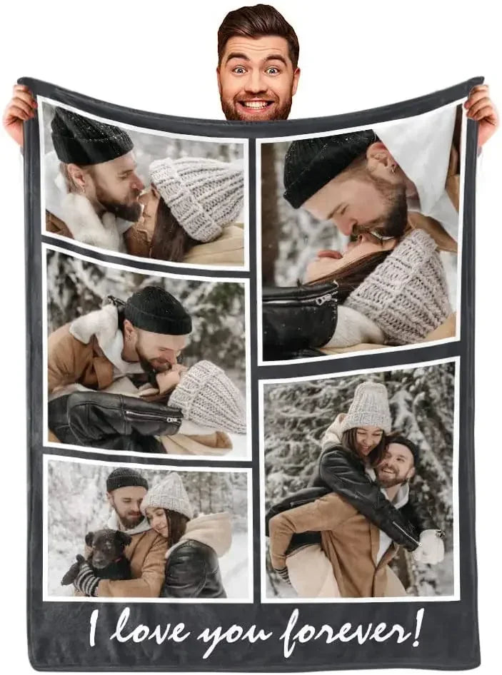 I Love You Custom Blanket with Photo Collage Text Picture Throw Blanket Valentine's Day Birthday Gift