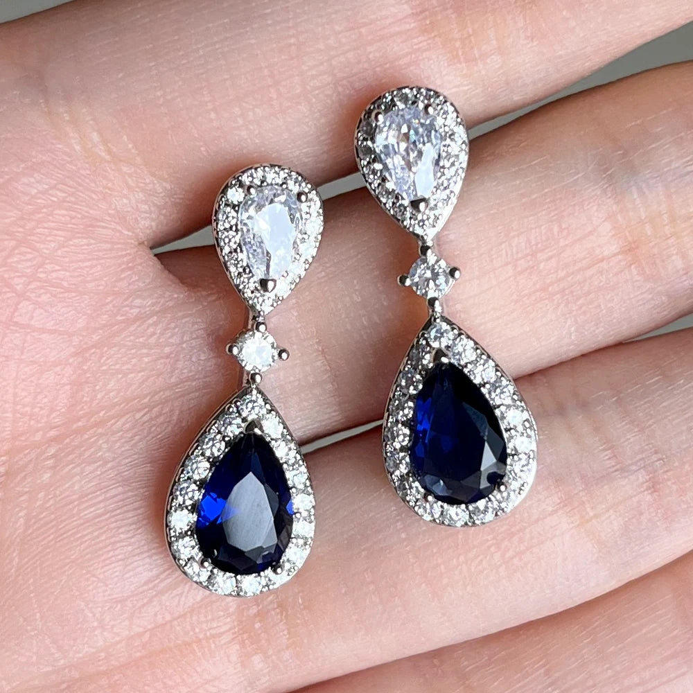 Blue/White Pear CZ Drop Earring