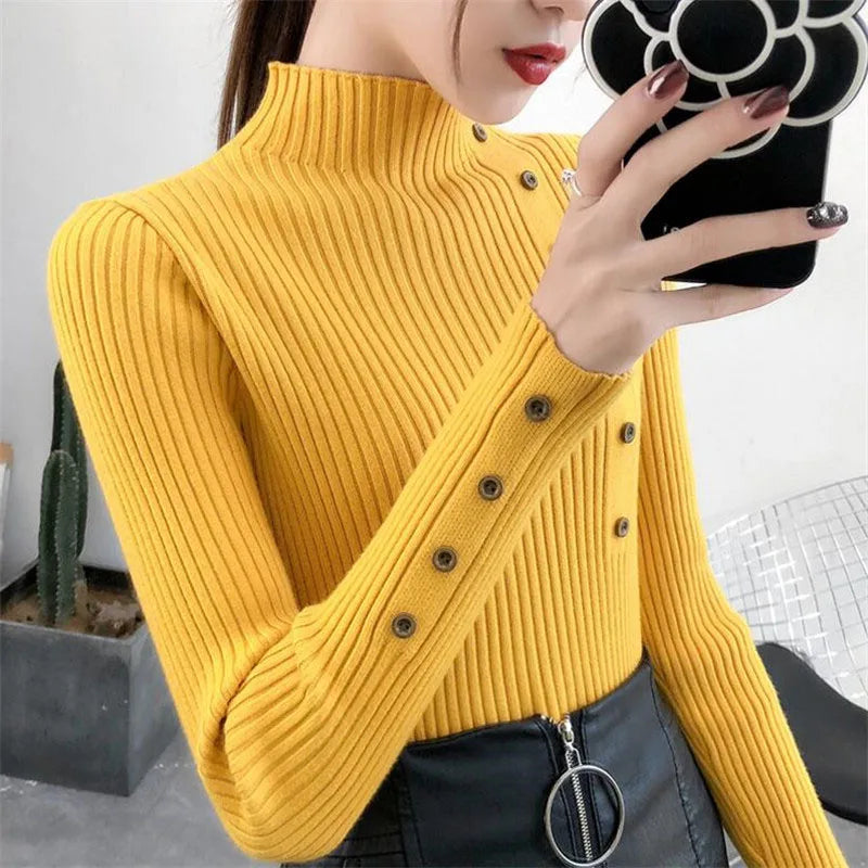 Women's Slim Knitted Turtleneck Sweater - Soft Cotton