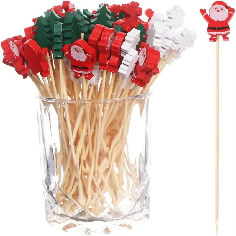 50pcs Christmas Bamboo Fruit Sticks with Festive Designs