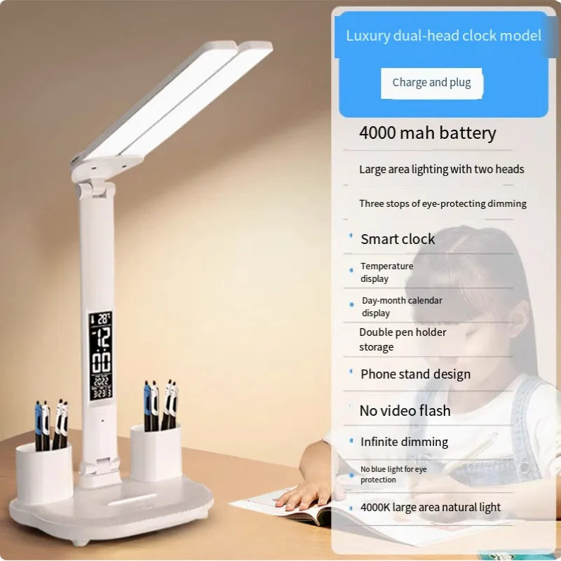 Lampe de bureau LED pliable avec horloge, chargement USB et lumière à intensité variable