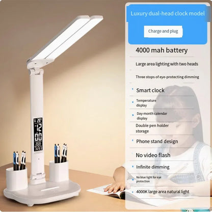 Lampe de bureau LED pliable avec horloge, chargement USB et lumière à intensité variable