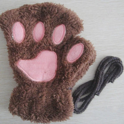 Cute Cat Paw Fingerless Plush Gloves - Warm & Fluffy