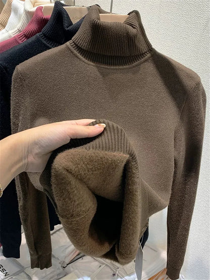 Velvet-Lined Turtleneck Winter Sweater