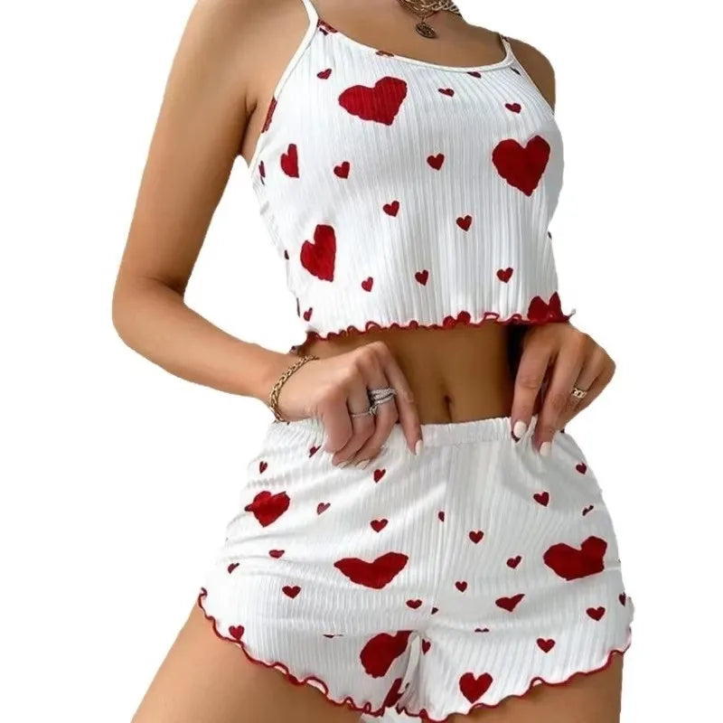 Knitted Love Printed Sweet Strap Women's Pajamas Set