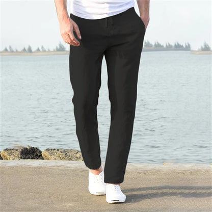 Pantalon streetwear respirant en coton et lin de couleur unie pour hommes