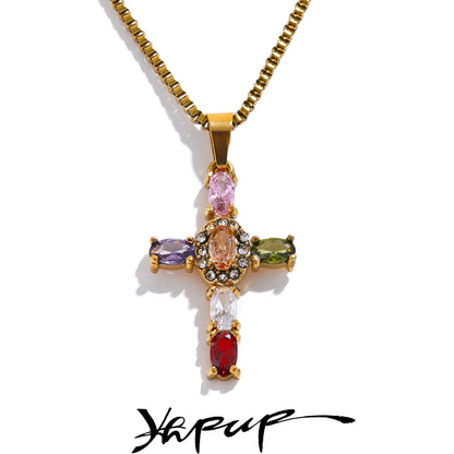 Colorful Cubic Zirconia Cross Pendant Necklace