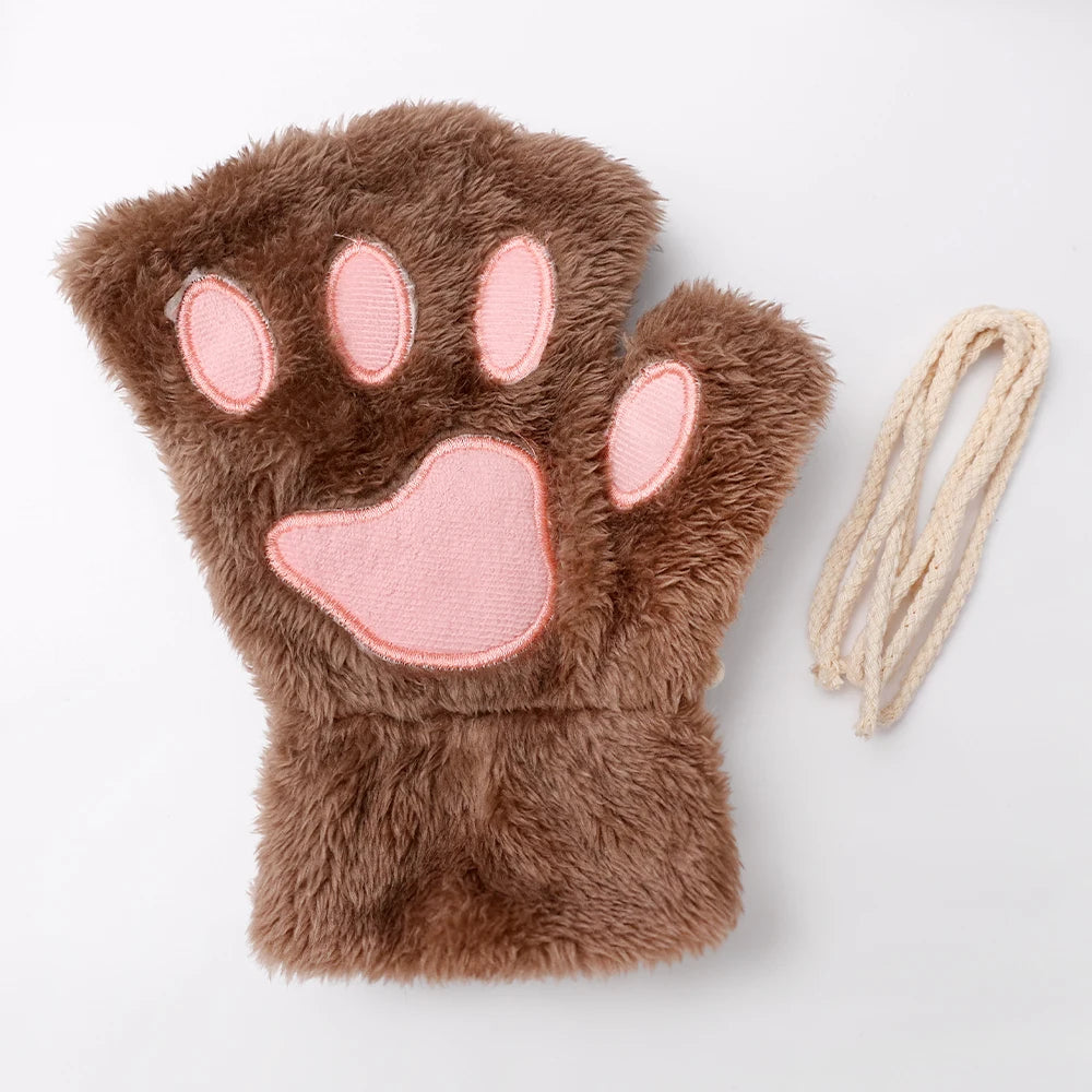 Cute Cat Paw Fingerless Plush Gloves - Warm & Fluffy