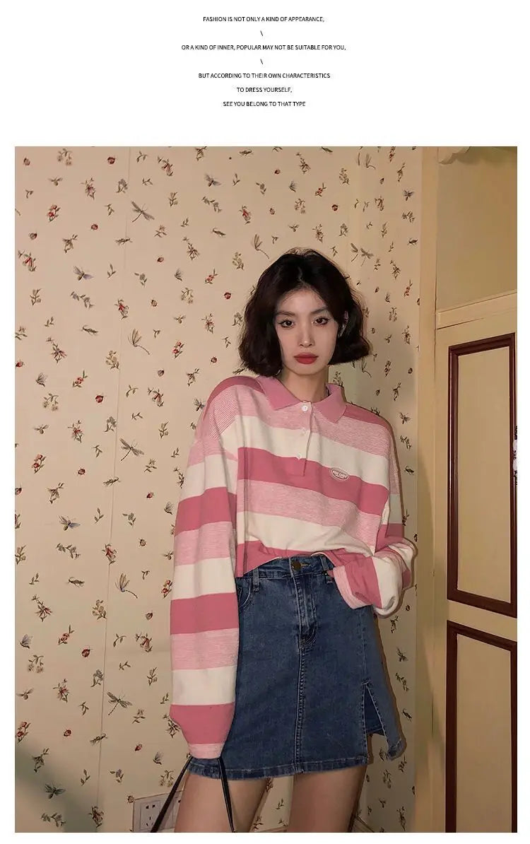 Kawaii rosa gestreiftes Oversize-T-Shirt – Herbst '23