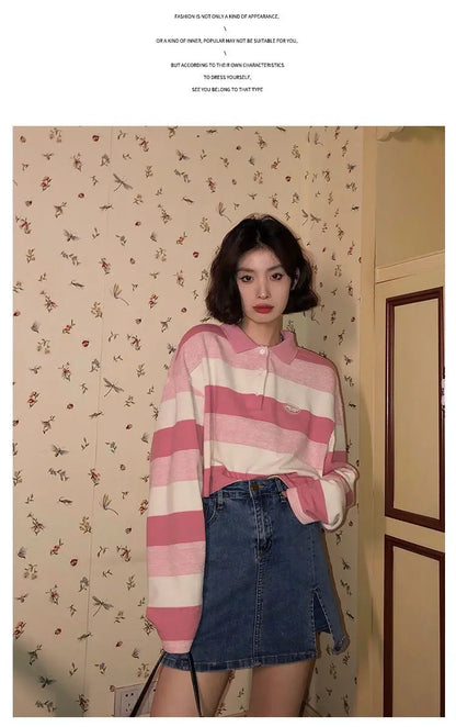 Kawaii rosa gestreiftes Oversize-T-Shirt – Herbst '23